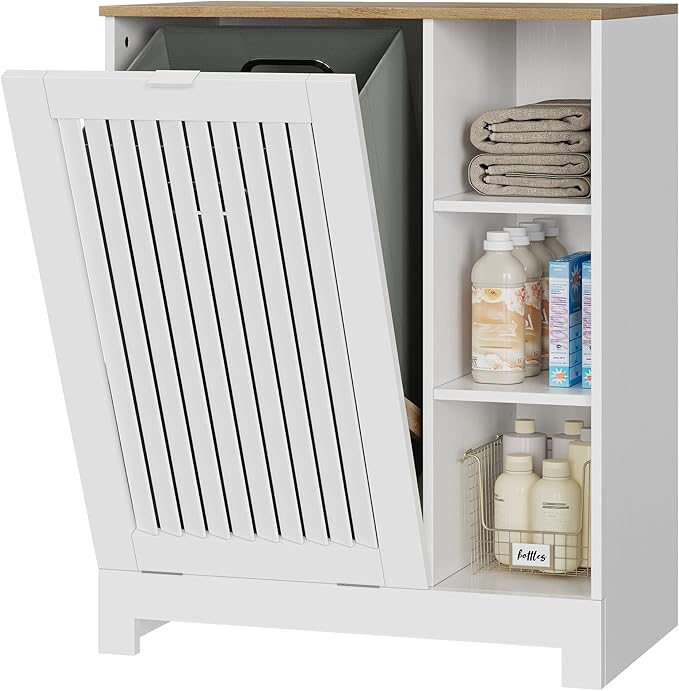 Tilt Out Laundry Hamper Cabinet with Louvered Door, Canvas Basket and 3 Open Side Shelves, Hidden Trash Can Cabinet, Ideal for Laundry, Kitchen, Bathroom, White