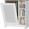 Tilt Out Laundry Hamper Cabinet with Louvered Door, Canvas Basket and 3 Open Side Shelves, Hidden Trash Can Cabinet, Ideal for Laundry, Kitchen, Bathroom, White