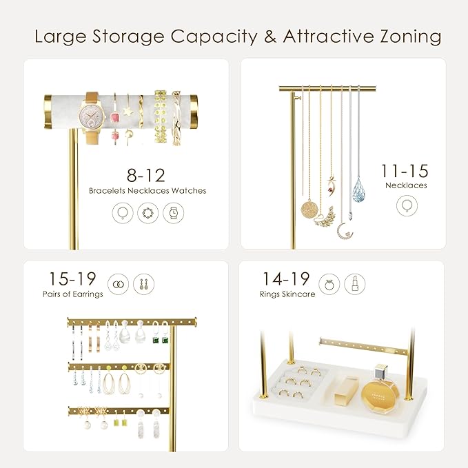SZQINJI 5 Tier Jewelry Holder Organizer, Gold Jewelry Stand with Velvet Bracelet Holder, Adjustable Height Jewelry Display for Necklaces, Bracelets, Earrings, Rings, Gift Idea for Women, White