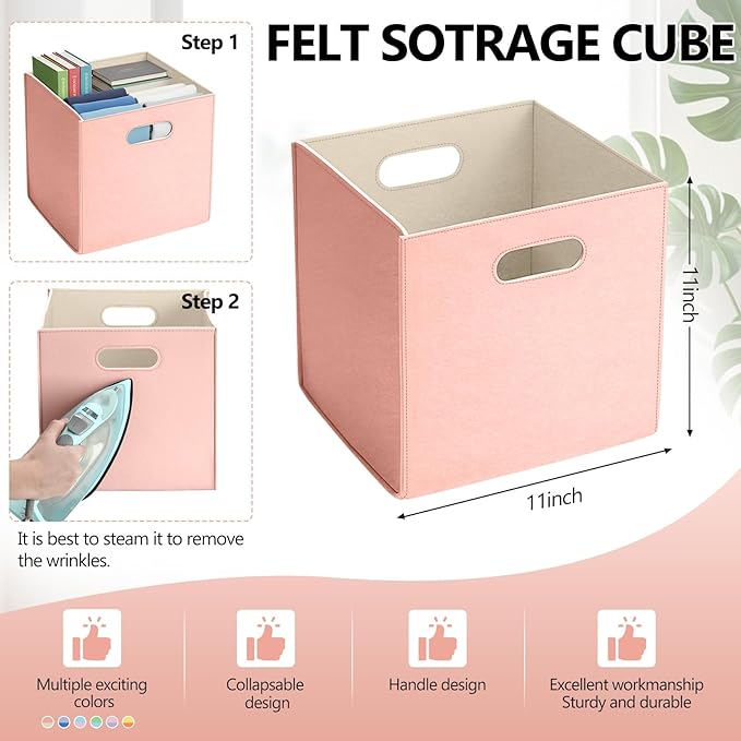 6 Pcs 11 Inch Colorful Felt Storage Cubes with Handle, Collapsible Fabric Storage Cubes Toy Bins Foldable Baskets for Nursery, Playroom, Kids Room, Toys, Books, Clothes(Macaron)