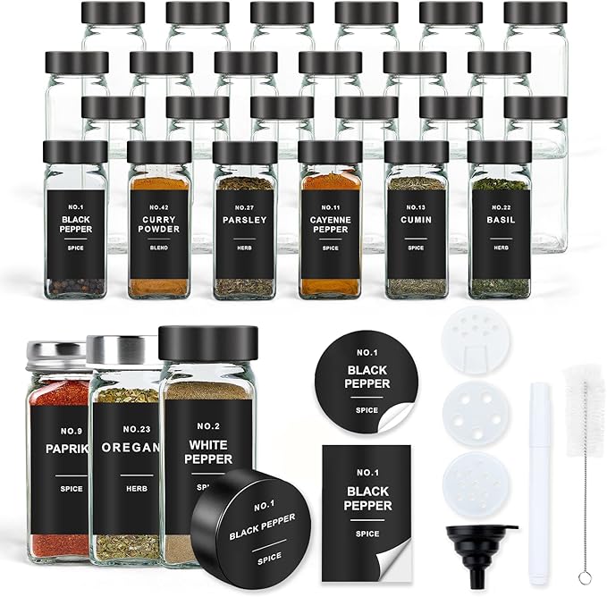 Spice Jars with Label, 24pcs 4oz Glass Spice Jars with Black Lids, Square Spice Containers with 304 Labels and Shaker Inserts, Empty Seasoning Bottles for Drawer, Cabinet, Seasoning Organizer