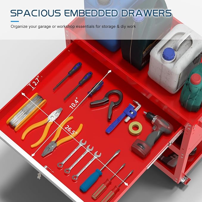 3 Tier Heavy Duty Tool Cart, Mechanic Metal Rolling Tool Cart 900 Lbs Work Carts with Locked Drawers & Pegboard for Garage Workshop
