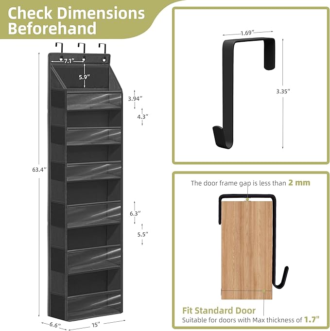 Over Door Organizer with 6 Extra Large Pockets 12 Side Pockets, 2-Pack Sturdy Closet Rack, Hanging Storage Organizer with Clear Window for Shoes, Diapers, Toys, Bedroom, Bathroom, Black
