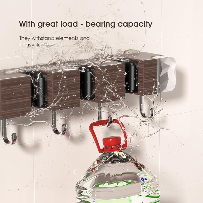 Suction Cup No Drilling Broom Holder Wall Mount, Walnut Color Mop Organizer Wall Hanging, 4 Racks 5 Hooks Tool Organizer Hanger Self Adhesive for Home, Garage, Garden, Laundry, Kitchen