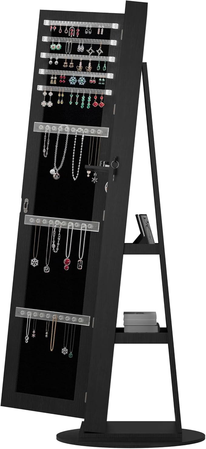 Montary 360° Rotating Jewelry Cabinet with Full-Length Mirror - Freestanding Jewelry Armoire with Lockable Storage, Built-In Lighted Mirror & Back Display Shelves, Black