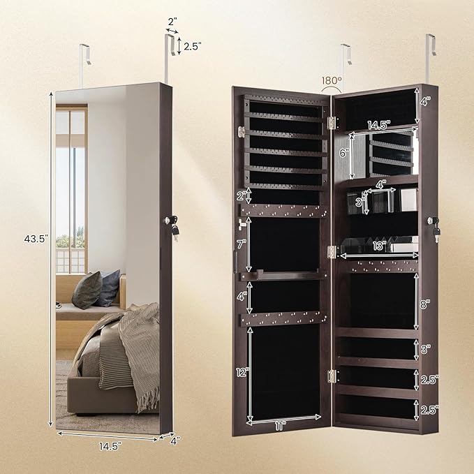CHARMAID Jewelry Cabinet Wall or Door Mounted, Hanging Lockable Jewelry Armoire Storage With Full Length Mirror, Interior Makeup Mirror, Over the Door Organizer Box (Dark Brown)