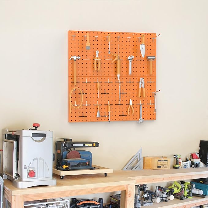TORACK Metal Pegboard Wall Organizer 24" x 24" or 12" x 48", 70 PCS Tools Storage Pegboard for Garage, Modular Pegboard, Tool Organizer Board with Peg Board Hooks(Orange)