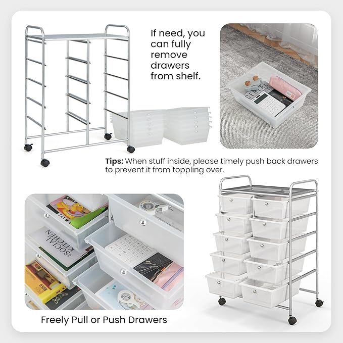 Giantex 10 Drawers Rolling Cart, Classroom Organizers, Storage Cart with Wheels, for Teacher Office Home School Supplies Tool Craft Art Paper, Clear White