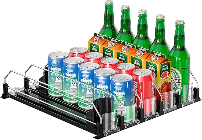 Drink Organizer for Fridge, Upgrade Soda Can Dispenser for Refrigerator, Automatic Pusher Glide Fridge Drink Organizer, Can Organizer for Refrigerator - Holds up to 25 Cans (5 Rows Black)