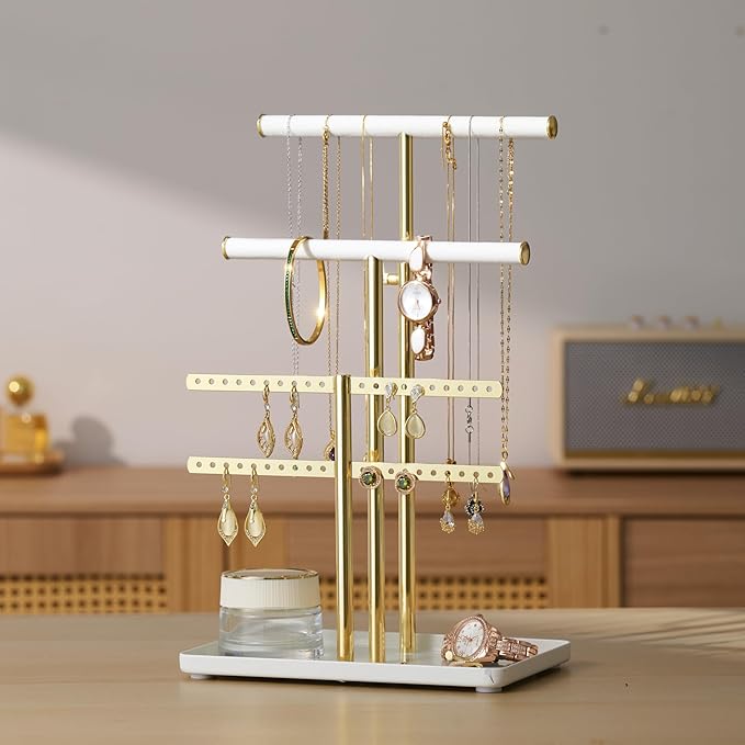pickpiff Jewelry Holder Organizer with Velvet, Adjustable 10"-17" Tall, Metal Stand for Display Bracelet, Necklace, Earrings, Rings, White and Gold