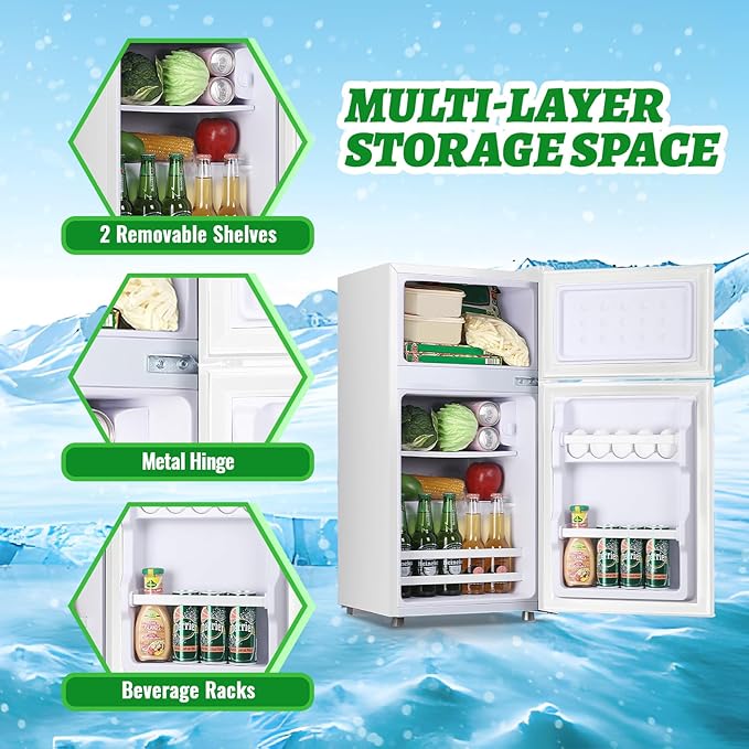 2.4 Cu.ft Mini Fridge with Top Freezer Apartment Size Dual Door Compact Refrigerator for Personal Use Small Fridge with Egg tray, 7 Temperature Control For Dorm, White