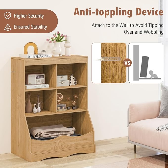 Storage Organizer, Small Bookcase w/ 4 Open Cubes & 1 Bottom Compartment, Anti-Tipping Device, Foot Pads, Low Cube Bookshelf for Bedroom, Living Room, Playroom, Study, Small Spaces (Natural)