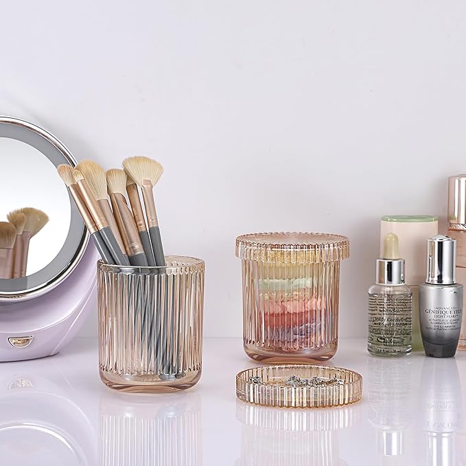 2 Pack Glass Qtip Holder with Lid, Qtip Dispenser Bathroom Storage Jars- Glass Apothecary Jars for Cotton Ball, Swab, Pads, Floss Picks, Bathroom Accessories Organization and Vanity Organizer (Amber)
