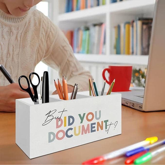 Funny Office Pen Pencil Holder Organizer for Desk Accessories, Funny Work Gifts for Coworkers Boss, But Did You Document It Wooden Box Signs Decorations for Home Office Desk Tabletop