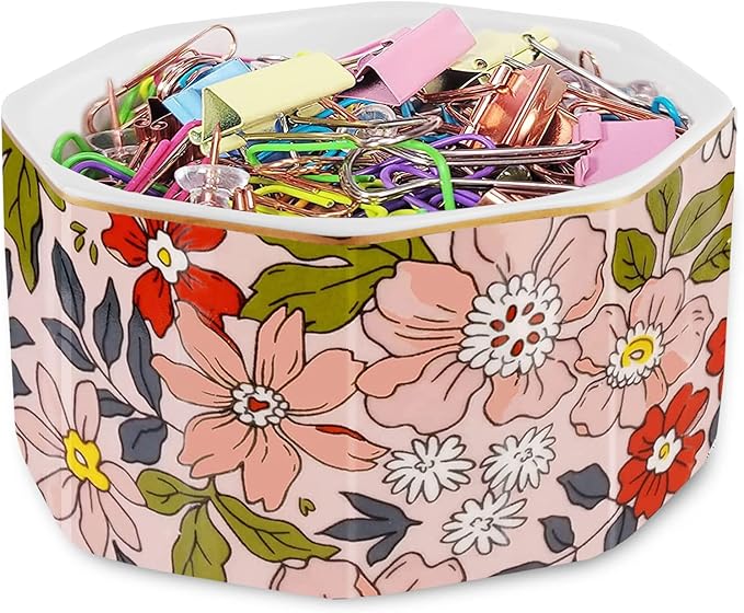 Ceramic Paper Clip Holder Gold Line Paper Clip Dispenser Organizer for Desk Cute Floral Pattern Office Binder Clip Holder Bobby Pin and Hair Clip Holder Gift for Office Pink Flowers