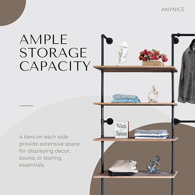 Industrial Pipe Clothing Rack, Wall Mounted Garment Hanging Rack with Shelves, 14.6x112.6x82.7 Inches, Model Y03