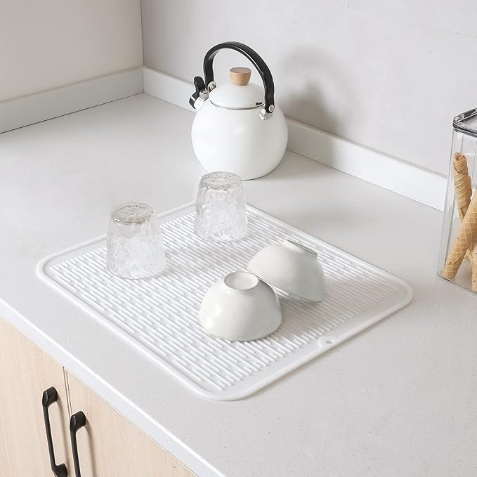 Silicone Dish Drying Mat for Multiple Usage,Easy clean,Eco-friendly,Heat-resistant Silicone Mat for Kitchen Counter or Sink,Refrigerator or Drawer Liner White 2XL 24 inches x 18 inches