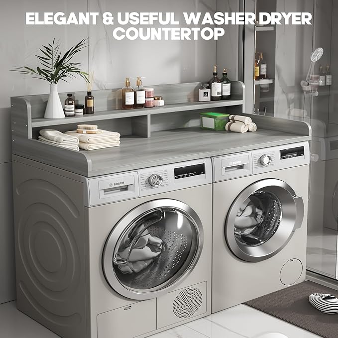 2-Tier Washer and Dryer Countertop with 2.75" H Guard,58" W x 28" D Laundry Countertop Cover with Non-Slip Pad,Large Space Laundry Topper for Folding Clothes Over Washer and Dryer-Stripe Gray