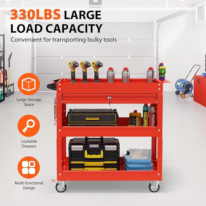 3 Tier Rolling Tool Cart with Drawers, Heavy Duty Utility Cart on Wheels, Large Storage Capability Service Cart for Garage, Warehouse and Repair Shop (Red)
