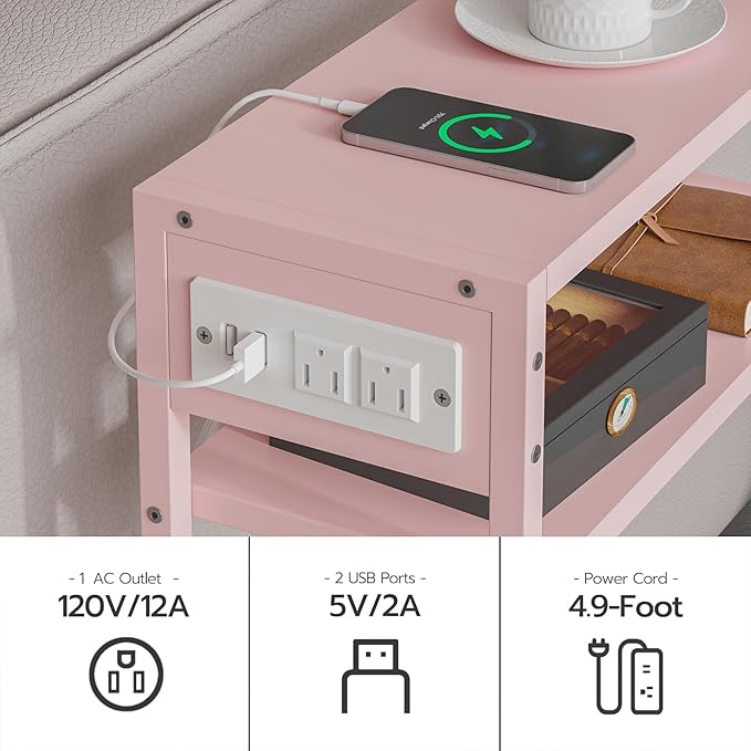 Pink Side Table with Charging Station, Slim End Tables with Linen Basket, Skinny Table for Small Spaces, Thin Bedside Table for Living Room, Bedroom