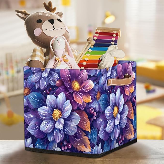 TropicalLife 13x13x13 Inch Large Fabric Storage Cube Vintage Floral Foldable Storage Bin with Handles Organizer Boxes Cube Basket for Shelves Organizing Closet