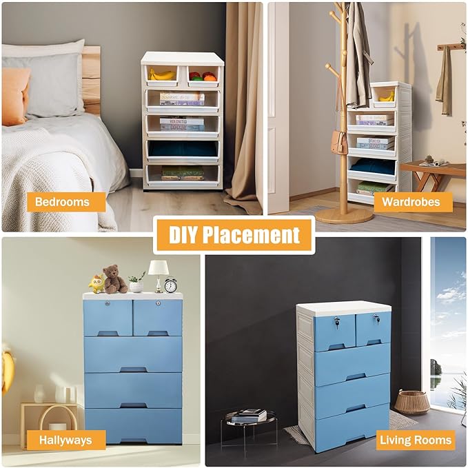 5-Layers Plastic Dresser with 6 Drawers Movable Chest of Drawers Locked Storage Cabinet Craft Organizers and Storage for Bedroom Entryway Hallyway, 19.7’’ W*13.8’’ D*40’’ H (Blue)
