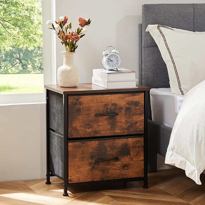 DUMOS Small NightStand Set of 2 Fabric Drawer Dressers Short Bedside Tables for Room Organization Closet College Dorm Entry Storage 20 Inch Height Furniture,Brown