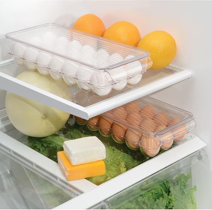 iDesign Clear Plastic Egg Holder for Fridge with Lid - 21 Egg Storage Container Organizer Bin, 2-Pack