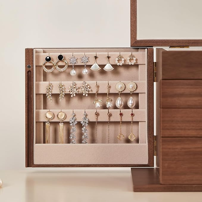 Black Walnut Wooden Jewelry Box, Wood Jewelry Organizer with 2 Side Doors Mirror Lockable Classical Style for Watch Necklace Ring Earring Storage Christmas Gifts-4 Layer