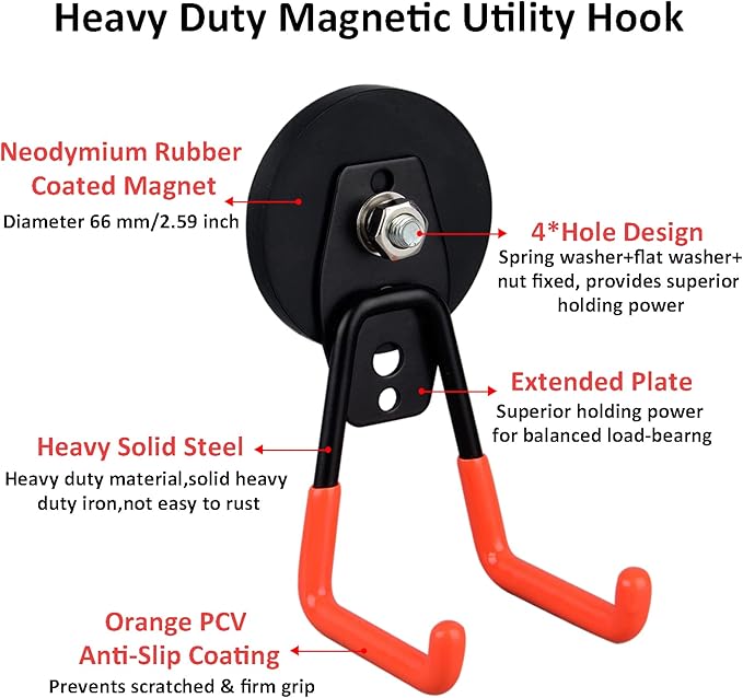 ULIBERMAGNET Heavy Duty Magnetic Garage Hooks,Strong Large Magnet Hooks for Power Drill,Garden Tools,Hose,Pegboard,Garage, Workshop,2 Pack Magnetic Storage Holder for Indoor Outdoor Hanging(Orange)
