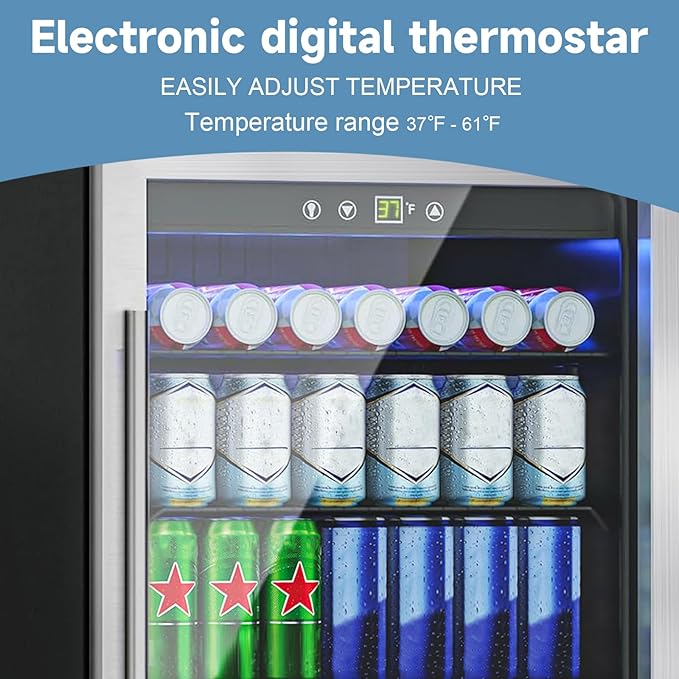 4.5 Cu.ft Beverage Refrigerator Cooler, 145 Can Mini Fridge with Glass Reversible Door, Digital Temperature Display for Soda, Beer or Wine For Office or Bar with Adjustable Removable Shelves