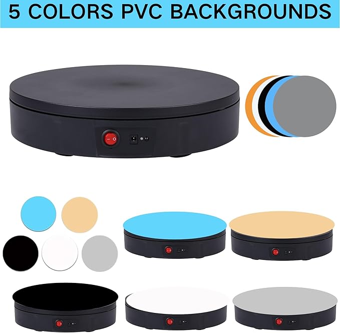 JAYEGT Motorized Rotating Display Stand ,330 Lbs Load ，360 Degree Electric Rotating Photography Turntable For Products Display，Video Show, Live Show，Remote Control+5 Colors Backgrounds (Black / 11.8inch / Rechargeable)