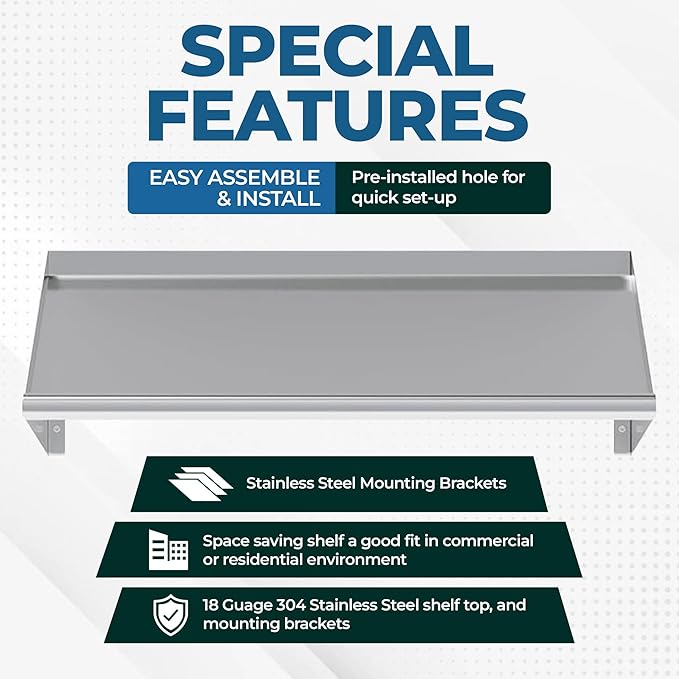304 Stainless Steel Slanted Wall Rack Shelf with Drain Outlet – 63" x 22.5" | Wall-Mounted Commercial Drip Shelf for Kitchen, Dish Pit, or Back Bar (63 in. x 22 1/2 in)