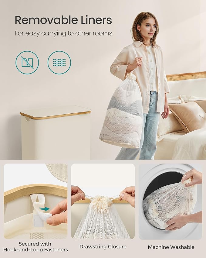 SONGMICS Laundry Hamper with Lid, 2-Section Large Laundry Basket, 34.3-gallon (130L), Removable Mesh Liner, Bamboo Handles, Collapsible, 20.5 x 15.2 x 27.8 Inches, Cream White ULCB513W01