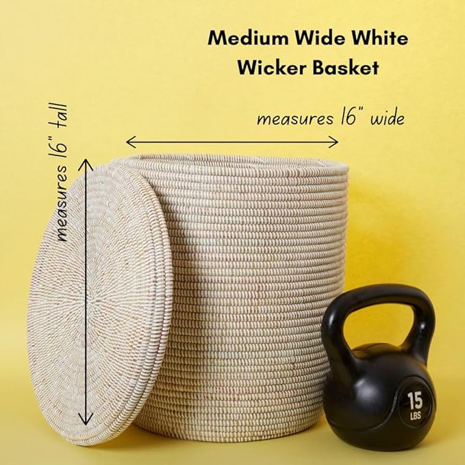 Medium White Storage Basket - Laundry Hamper, Baby Nursery Toys Bin, Living Room Blankets Storage, Towels Holder, Organizing, Decorative - Wicker, Woven, Lid, Handles