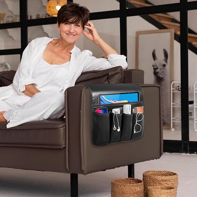 Non-slip Couch Organizer Armchair Caddy, Artificial Leather TV Remote Control Holder Bedside Caddy with 5 Pockets for Key Glasses Phone Magazine Holders (Black faux leather, 35"x12.4")