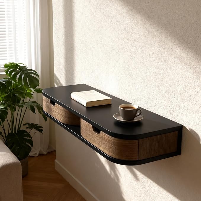 Floating Nightstand, Wall Mounted Bedside Shelf, Handmade Bedroom Furniture,21 Inch Bedside Table, Nightstand with Drawer (Black, Double Drawers)