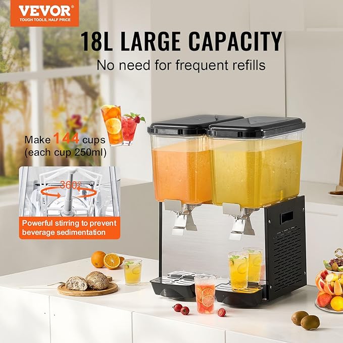 VEVOR Commercial Beverage Dispenser, 2 Tanks 18 L / 19 QT Per Tank Juice Dispenser, 370W Stainless Steel Ice Tea Drink Machine with 45°F-54°F Cooling Temperature, for Cold Drink Restaurant Bar Party