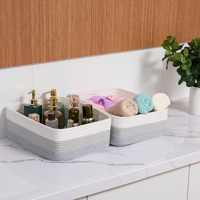 Large Shallow Organizing Baskets 15x11x5.1 Inches - Rope Woven Storage Bins for Bathroom, Shelves, Cube Closet, Gradient Grey 3 Packs