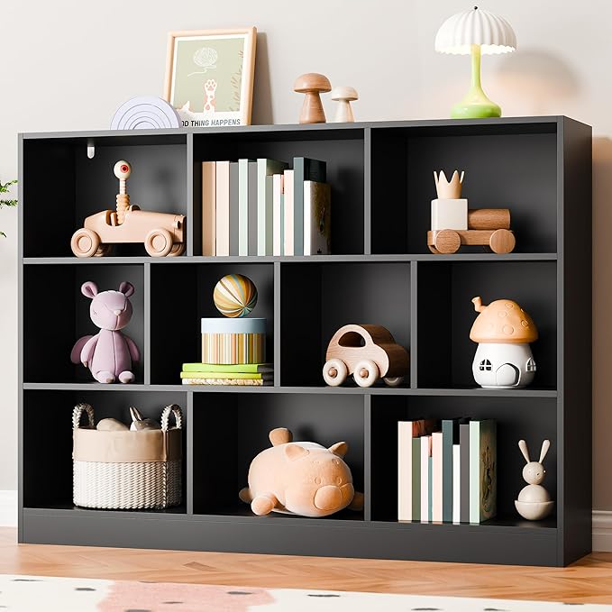 Cozy Castle Black Bookshelf, 3-Tier Open Shelf Bookcase, 10 Cube Storage Organizer with Anti-Tilt Device, Freestanding Horizontal Bookshelf Cube Shelf for Bedroom, Living Room, Office