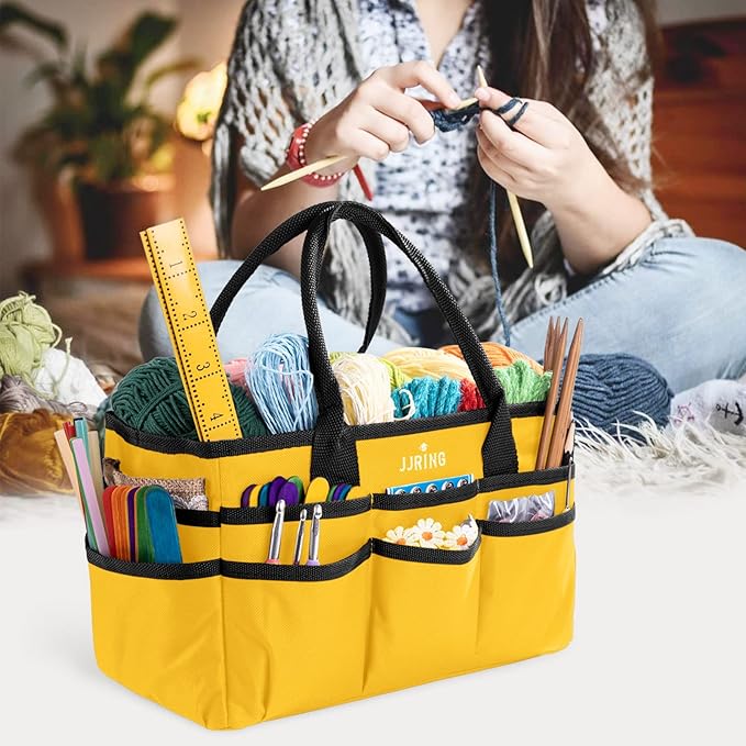 JJRING Craft and Art Tote - 600D Yellow Nylon Fabric Art Sewing Organizer Bag with Pockets - for Craft, Scrapbooking, Medical, and Office Supplies Storage