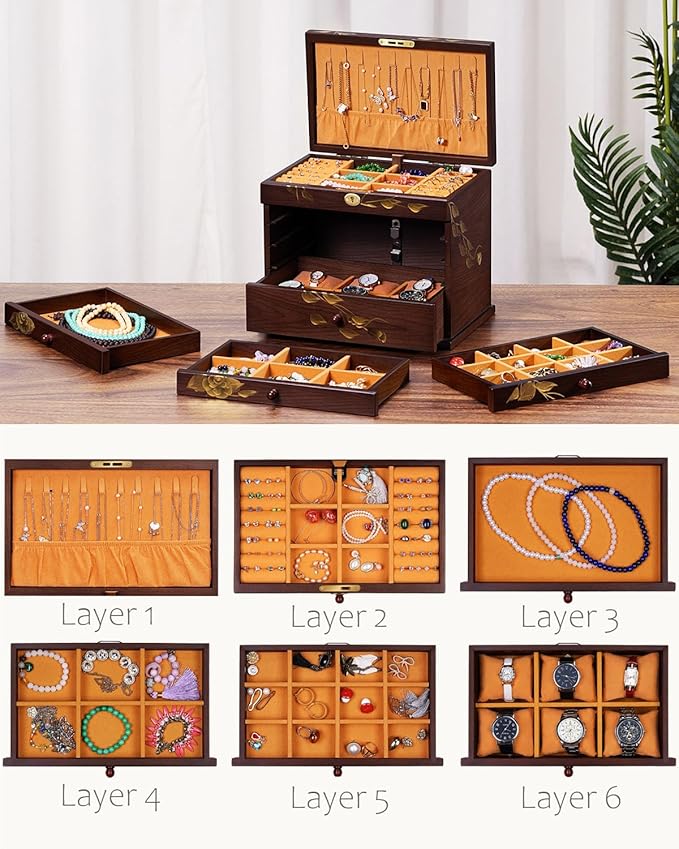 Hand-drawn rose Jewelry Box Wood for Wowen,6-Layer Wooden Jewelry Organizer Boxes with 4 Drawers dresser, Vintage Multi-functional Jewelry Storage Case with lock