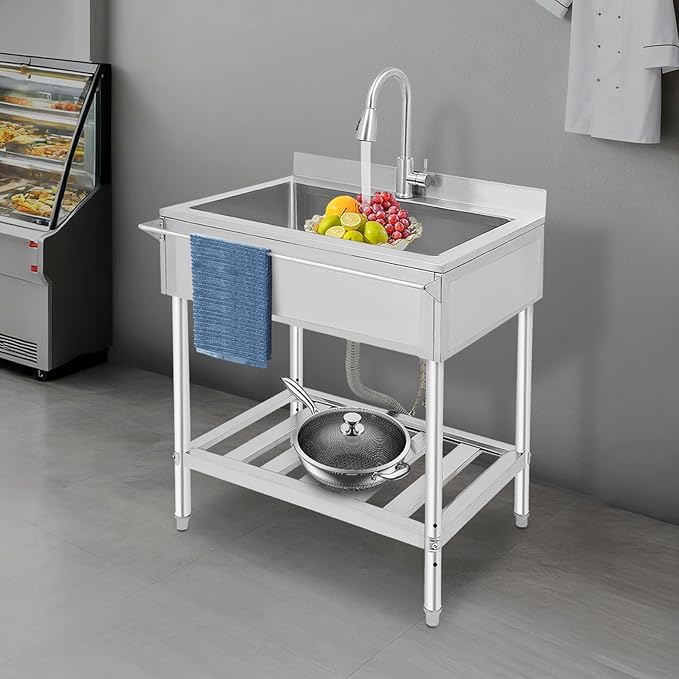 Stainless Steel Utility Sink, Free Standing Single Bowl Kitchen Sink with Pull-Out Cold/Hot Faucet, Storage Shelf & Splashback, Large Utility Sinks for Laundry, Garage 30.7"D x 22"W x 40.3"H Silver