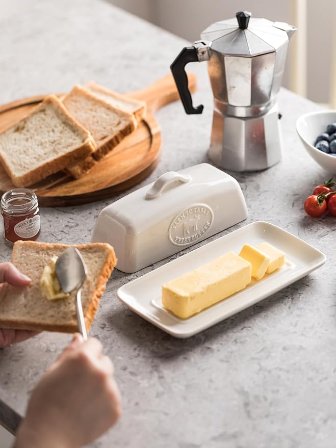 Cow Butter Dish, Ceramic Butter Dish with Lid for Countertop, White Butter Tray with Handle, Farmhouse Covered Butter Holder Container for East West Coast Butter Storage