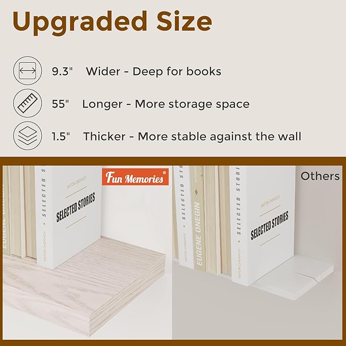 Fun Memories 55Inch Floating Shelves for Wall 1 Pack Shelves for Bedroom|Kitchen|Bathroom Wall Mounted Rustic Wood Floating Shelf with Invisible Brackets for Books|Storage|Decor, Brich