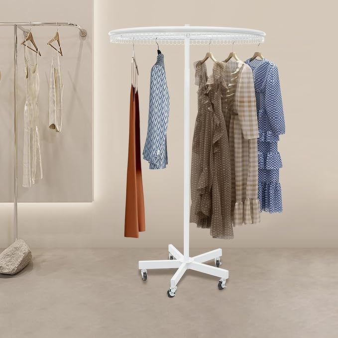 360° Rotatable Round Clothes Rack, Floor Standing Rotating Clothes Rack, 45.7-74.8in Height Adjustable, Floorstanding Multifunctional Coat Stand for Retail Stores, Gift Stores