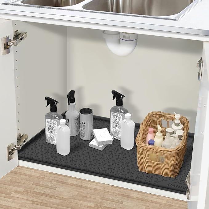 Under Sink Mat, 28" x 22" Waterproof Silicone Under Sink Tray for Kitchen & Laundry Cabinets, Kitchen Cabinet Shelf Protector, Up to 3 Gallons Liquid, Fits 36 inch Standard Cabinet (Black)