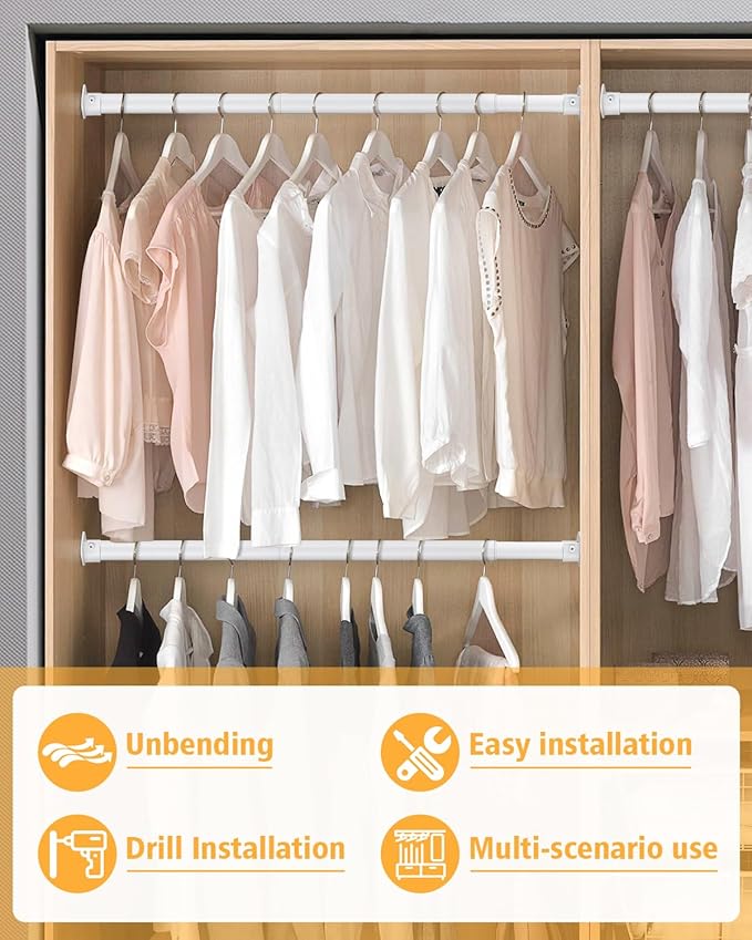 Closet Rod, 17 to 39 Inch Heavy Duty Adjustable Metal Clothing Rack for Hanging Clothes, Closet Poles for Wardrobes, Laundry, Durable Steel, White