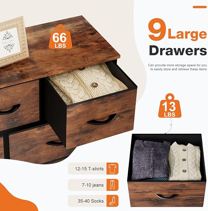 Sweetcrispy 9-Drawer Fabric Dresser Storage Tower with Wood Top and Steel Frame, Organizer Chest with Easy Pull Handles for Bedroom, Closet, Hallway,Distressed Brown