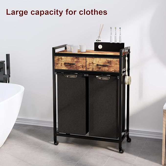 Laundry Hamper, Laundry Sorter 2 Section, Rolling Laundry Basket with Wheels, 2 Drawers, 2 × 14.5 Gal (55 L), Pull-Out and Removable Oxford Fabric Bags, Black and Rustic Brown